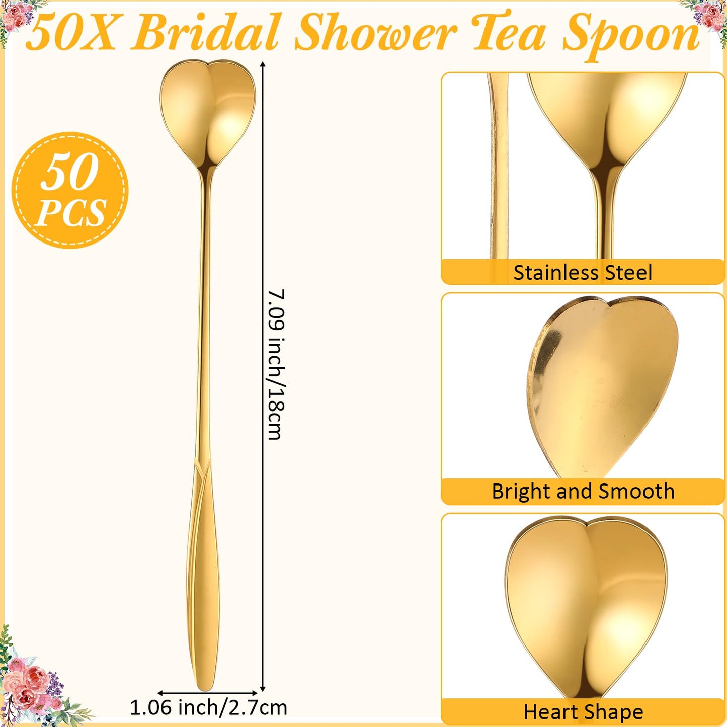Skybooly 50 Heart Shaped Tea Party Spoons with Bridal Shower Thank You Cards and Hemp Rope Wedding Souvenirs