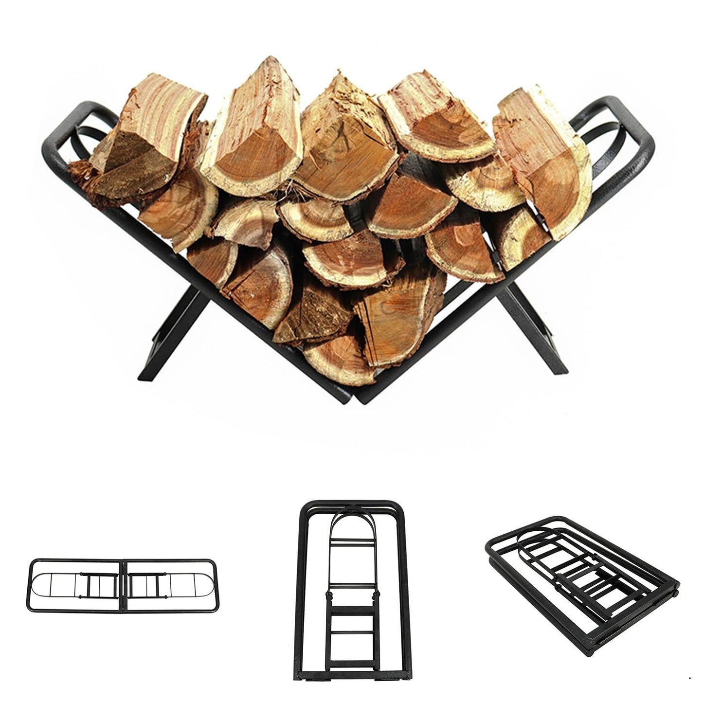 BiggerFire Firewood Rack, Foldable 2FT Firewood Rack Firewood Holder Holder for Fireplace Wood Storage, Log Holder Stand Steel Firewood Stand for Outdoor Indoor Fireplace（Black）