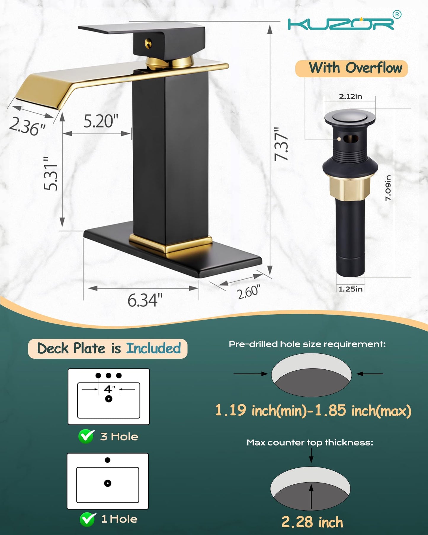 KUZOR Black & Gold Waterfall Bathroom Sink Faucet – Single Hole 304 Stainless Steel Faucet with Metal Pop-Up Drain, Low-Profile Design for Modern Vanities