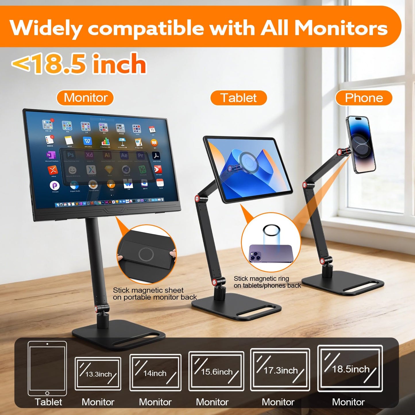 Portable Travel Monitor Stand, Strong Magnetic Portable Monitor Holder, iPhone/iPad Stand for 4.7" 12.9" 15.6" 16" 17.3" 18.5'' Screens, Universal Screen Extender Base Adjustable Tablet Holder