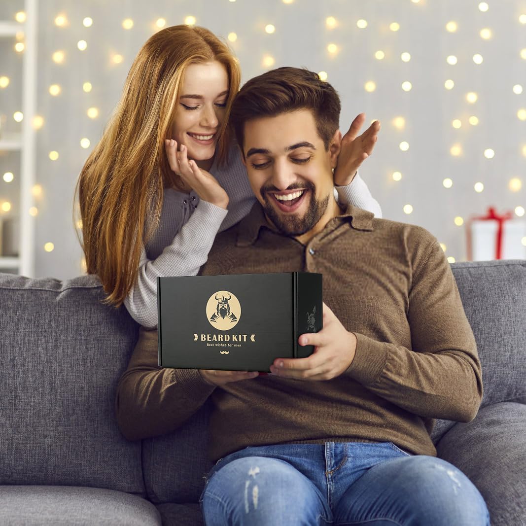 Beard Kit Gifts for Men, Father's Day Birthday Gifts for Him Men Dad Boss Husband, Grooming & Trimming Tool Complete Set, Beard Care Kit with 2 Beard Oil/Balm/Brush/Comb/Shaving Soap/Cup&Storage Bag