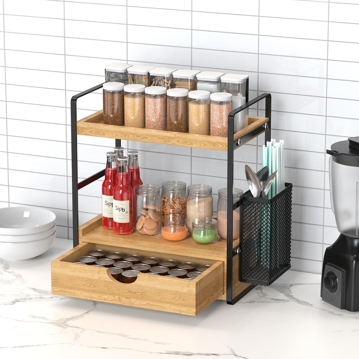 LEMIKKLE 2-Tier Bathroom Counter Organizer with Drawers and Baskets, Multi-Purpose Makeup Organizer Countertop, Large Skincare Organizers, Exquisite Vanity Organizer，Wood