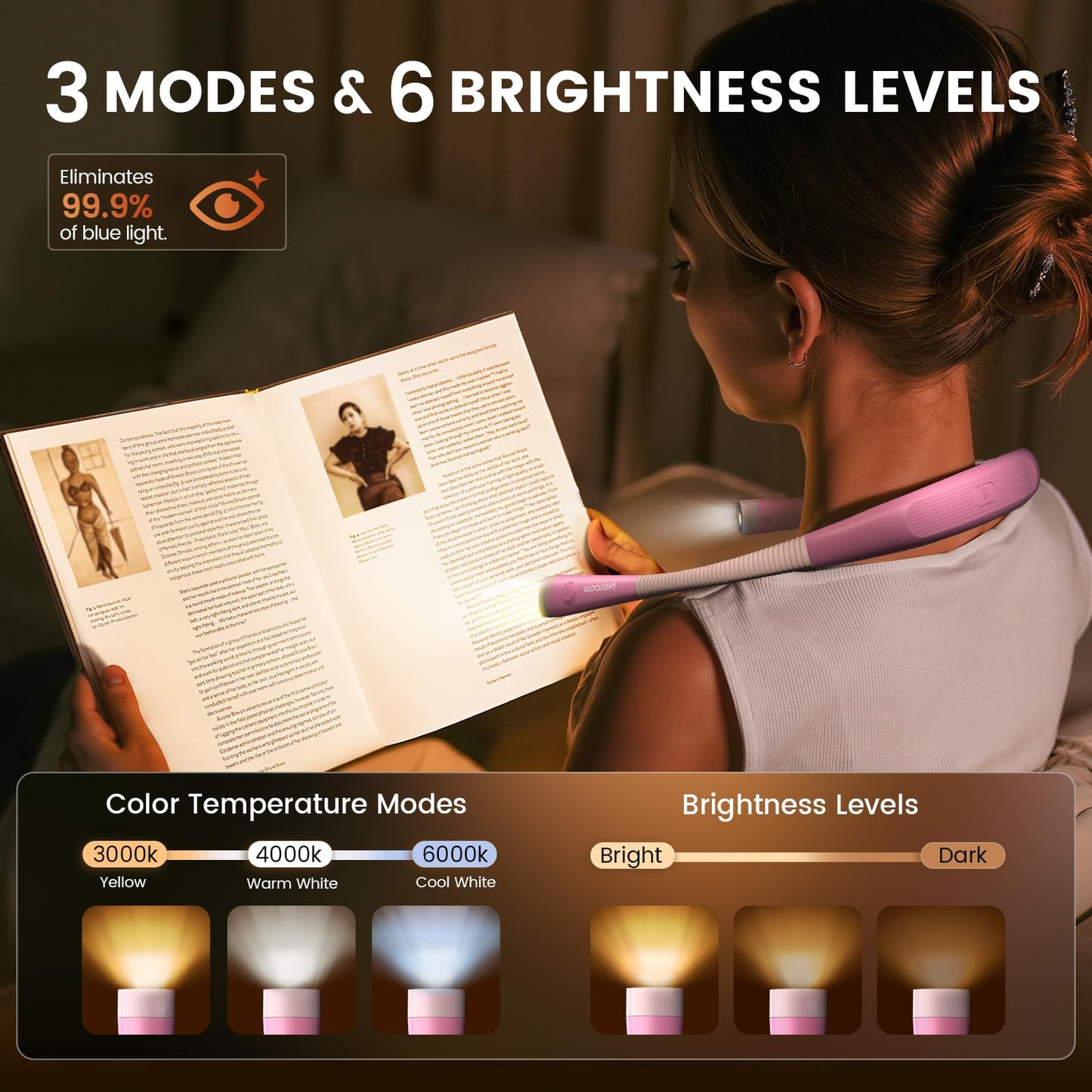 Glocusent Book Light, 3 Color Temperatures Reading Light, Bendable Neck Light, 80 Hrs Lasting Rechargeable Book Light for Reading in Bed, Knitting, Camping, Repairing, Avid Reader Gift