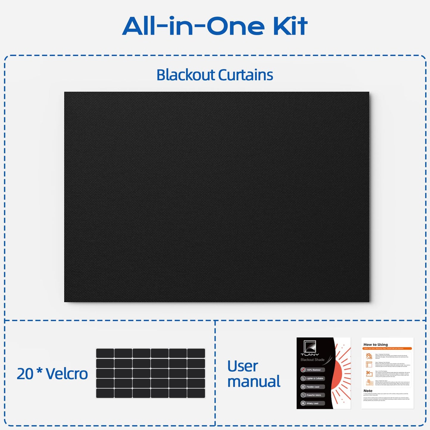 Blackout Curtains for Bedroom, 100" x 58" Portable Blackout Blinds with 20 Sets Hooks & Loops Strips for 100% Blackout Window Film, Temporary Blackout Shades for Windows Cover Nursery Travel RV- Black