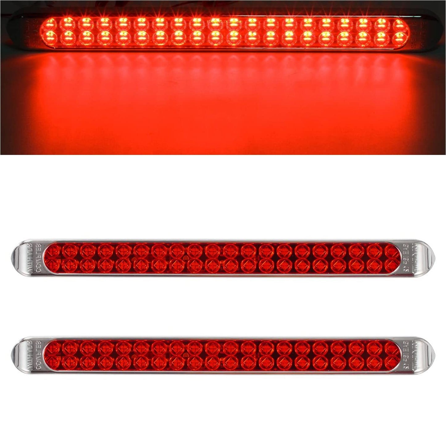 Partsam Waterproof 17" Inch High Power 40 LED Red Utility Trailer Truck RV Stop Tail Turn 3rd Brake Marker Identification Light Bar w/Chrome Bezel (Pack of 2)