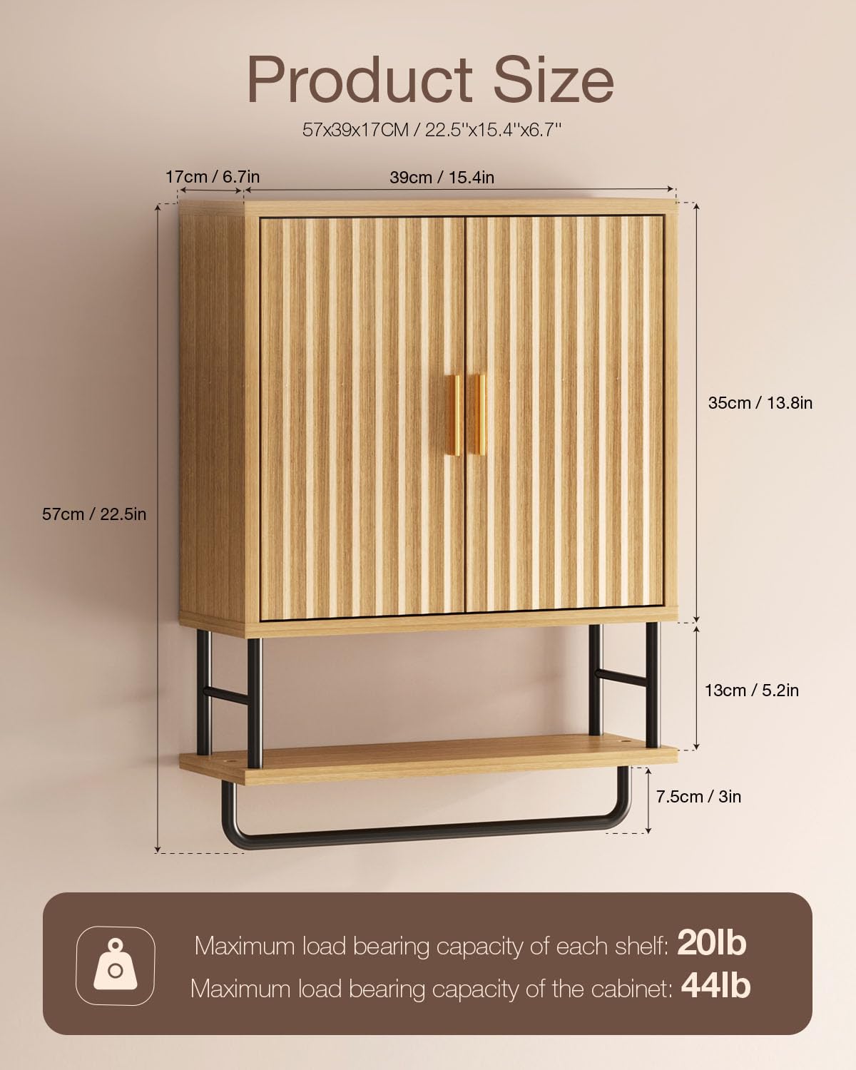 MIRICHY Bathroom Wall Cabinet, Fluted Medicine Cabinet Wall Mounted with 2 Doors & Shelf, Towel Rack Over The Toilet Storage for Bathroon, Kitchen, Bedroom & Laundry, Natural Small
