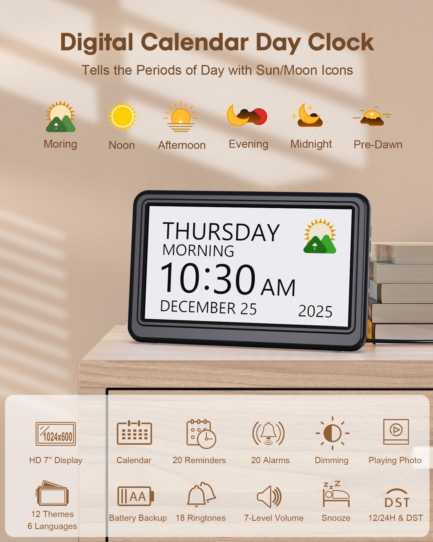 20 Alarms Dementia Clock for Seniors 7" Large Display Digital Calendar Clock with 20 Custom Reminders, 12 Display Modes, 18 Ringtones Electronic Calendar for Elderly Alzheimer’s Black
