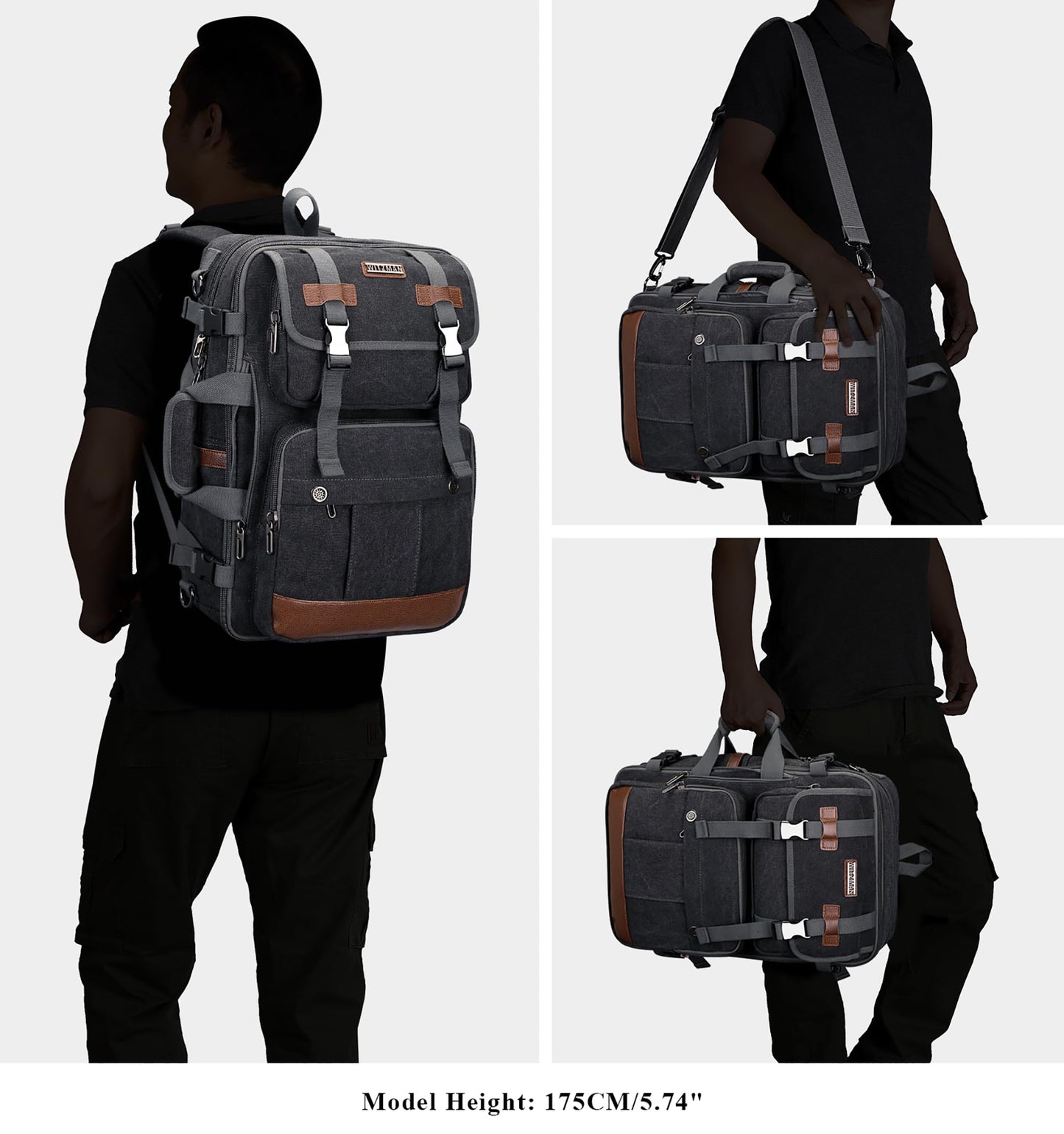 WITZMAN Canvas Travel Backpack for Men Large Laptop Backpack Fit 17 inch Carry-on Airline Approved Convertible Shoulder Rucksack(A6617-3 Black)