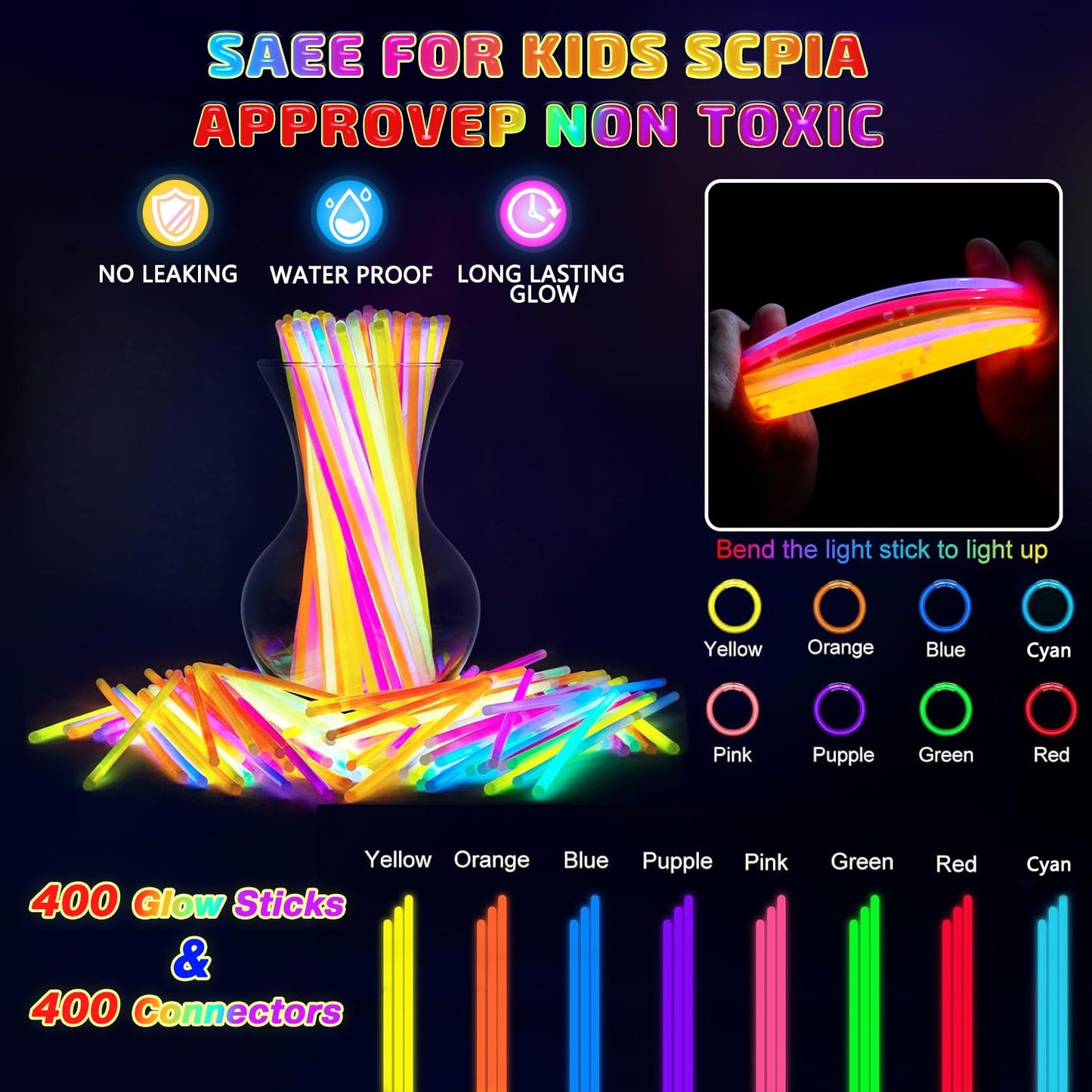 400 PCS Glow Sticks Bulk, Light Up Party Favors Neon Glow Bracelets and Glow Necklaces with Connectors, Glow in The Dark Sticks, Easter, Christmas, Halloween Party Supplies Pack, Party Favors for Kids