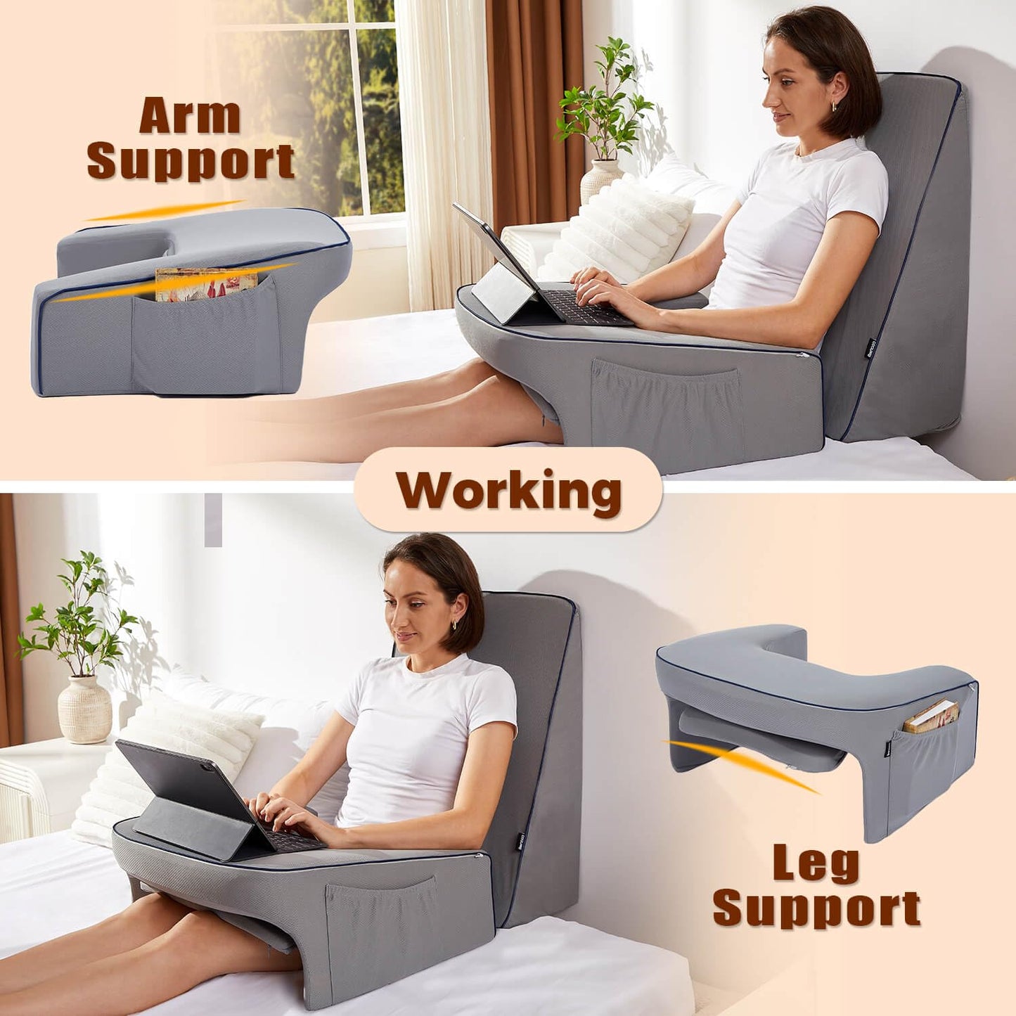 Cooloo8 Reading Pillow for Bed, Gaming Pillow for Lap, Petite Adults, Teens Arm Rest Pillow, Memory Foam Lap Desk Pillow for Reading, Working, Playing, Crocheting in Bed Couch(Grey)