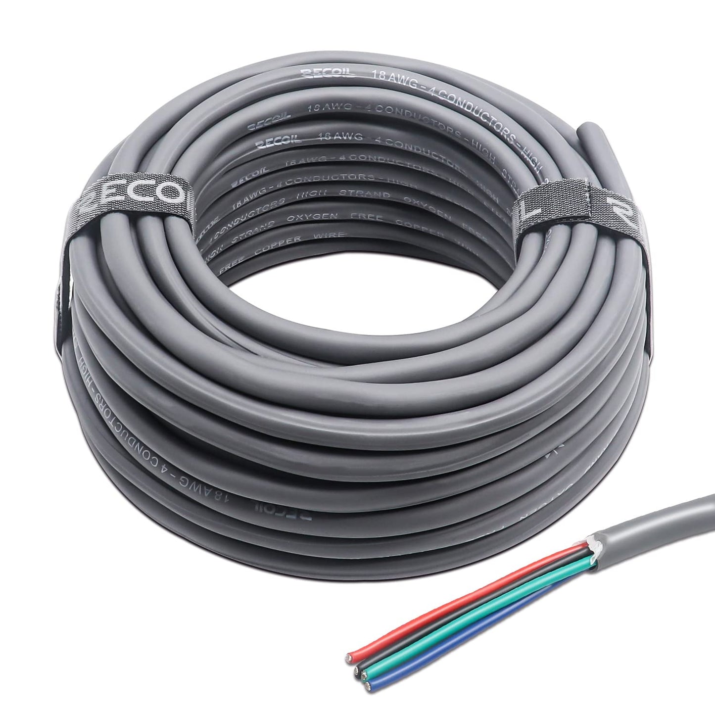 Recoil 100ft 4-Conductor 18AWG Low Voltage RGB LED Wire, LED Extension Cable, Speaker Wire, Tinned 99.99% Oxygen Free Copper for Home, Car & Marine Application