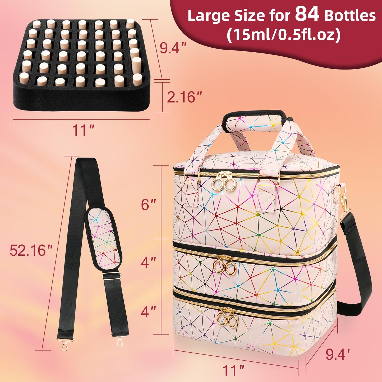 SIYNPAV Nail Polish Organizer, Pink, XL Large-84 Bottles, Three Layer Detachable Nail Polish Bag Organizer Carrying Case With Shoulder& Holder Strap