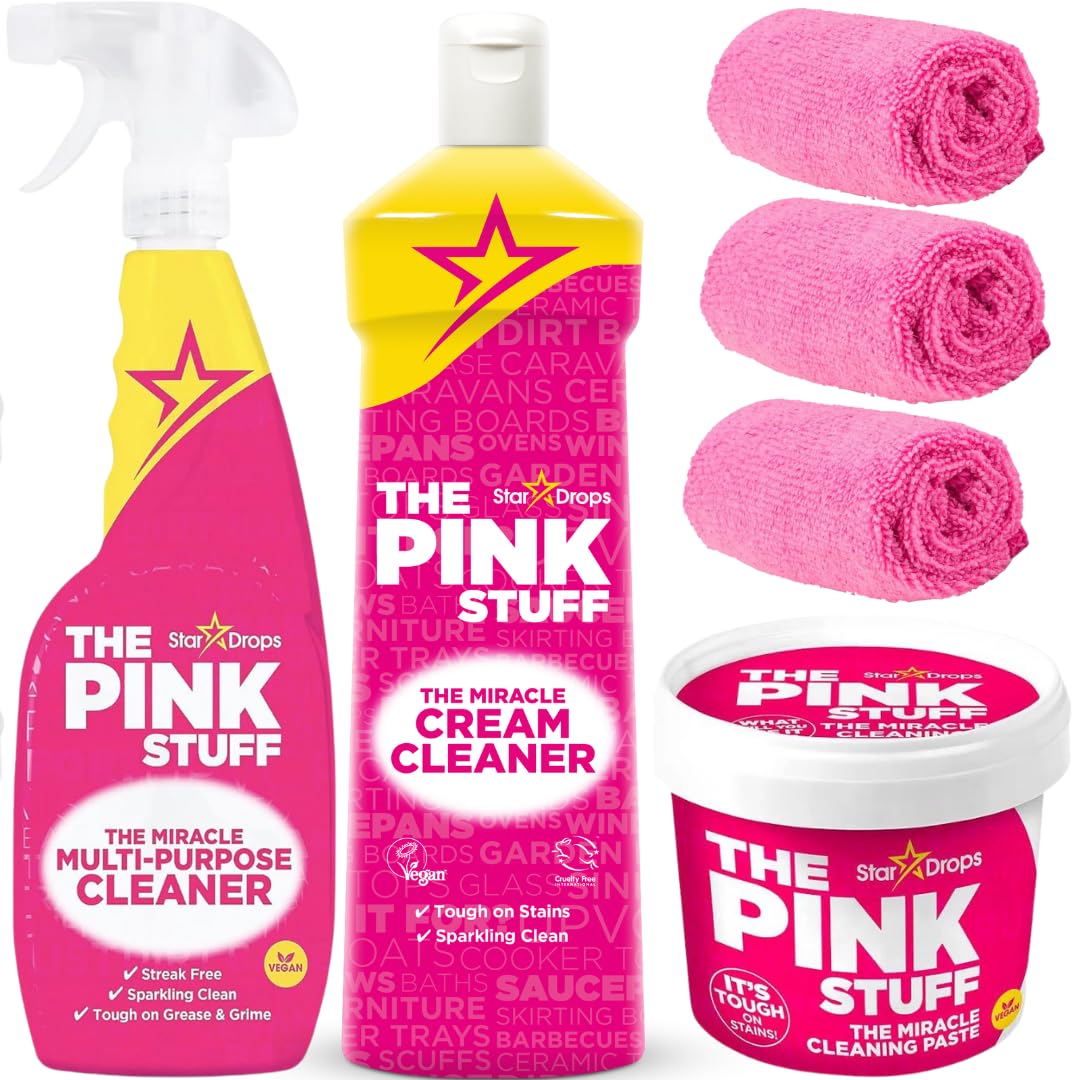 6-Pack BUNDLE | The Pink Stuff All Purpose Multi-Purpose Spray 750ml, Miracle Cleaning Paste 500g, Miracle Cream Cleaner 500ml, Comes With 3 Microfibre Cloths