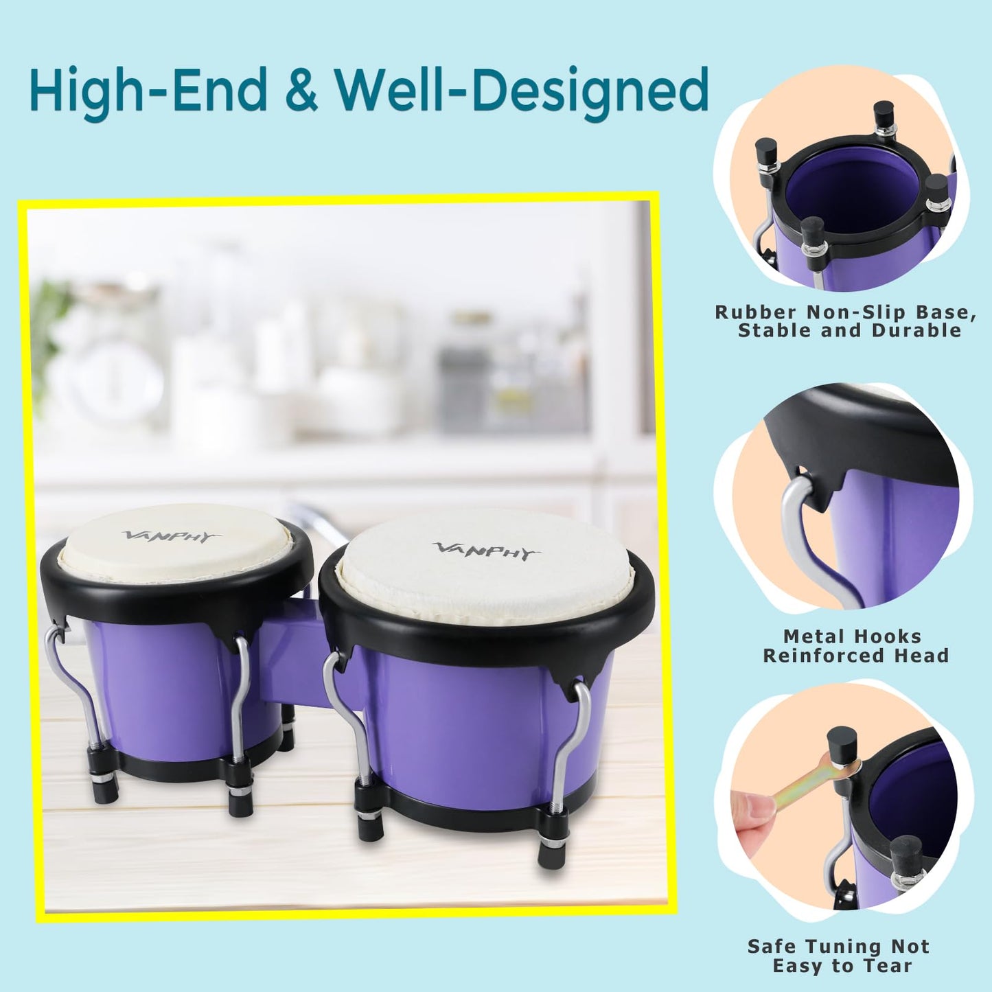 VANPHY Bongo Drum 4'' and 5'' Set for Kids Adults Beginners Percussion Bongos Drum With Tuning Wrench (Deep Purple)