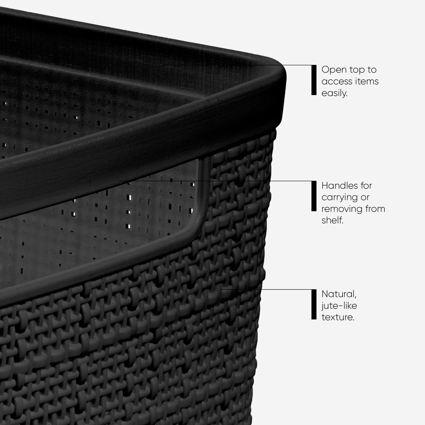 Curver Set of 4 Jute Large Decorative Plastic Organization and Storage Baskets Perfect Bins for Home Office, Closet Shelves, Kitchen Pantry and All Bedroom Essentials, Black