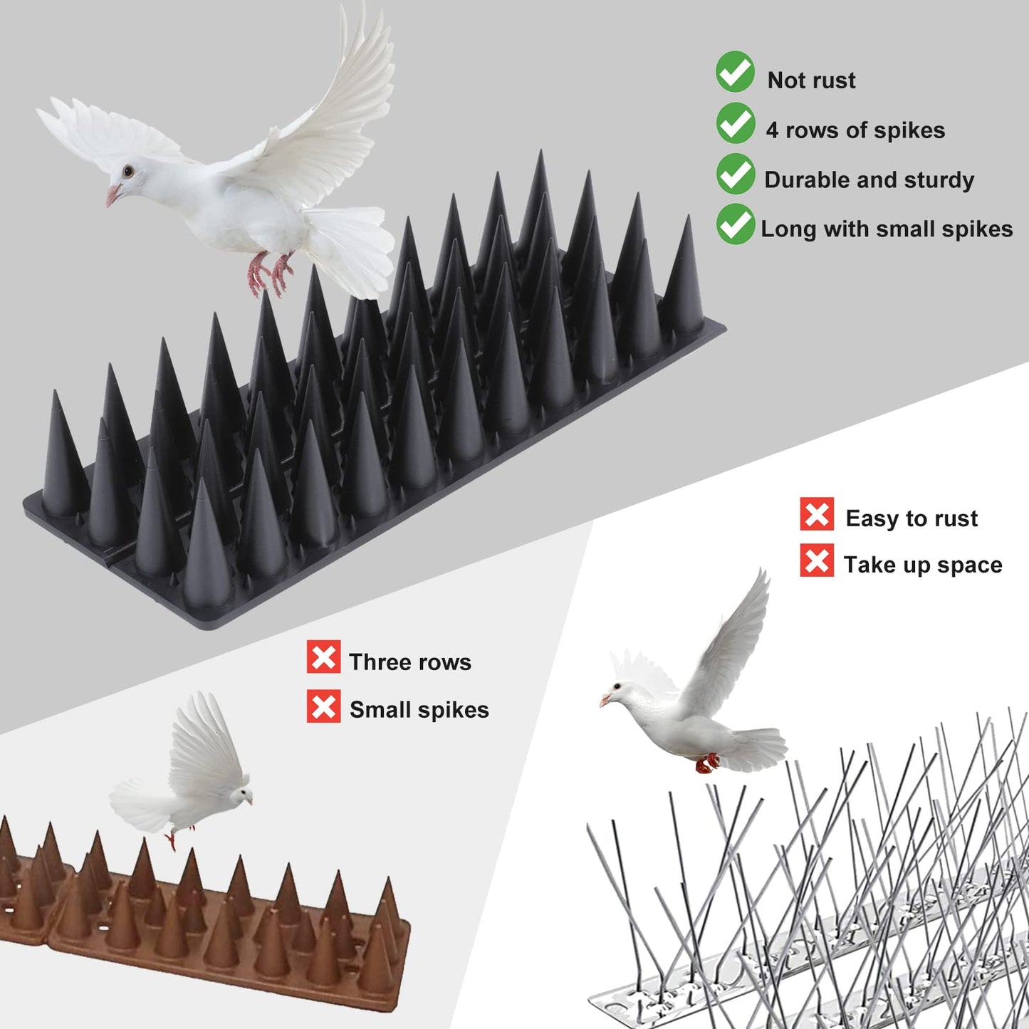 Bird Spikes, 20 Packs Bird Deterrent, Raccoon for Outdoor Repelling Reptiles, Squirrel Spikes for Fences and Roofs to Keep Birds Away（18.7Feet）