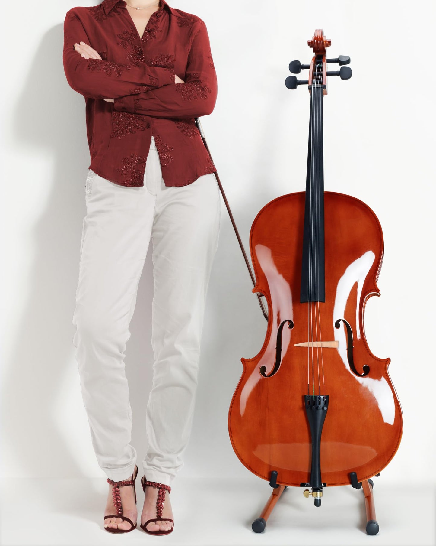 Musbeat Cello Stand with Bow Holder, Mahogany Wooden A-Shape Floor Stand with Padded Foam, Handcrafted Cello Rack Fits 1/2, 3/4, 7/8, 4/4 Full-Size and Guitar, Instrument Holder for Home and Studio