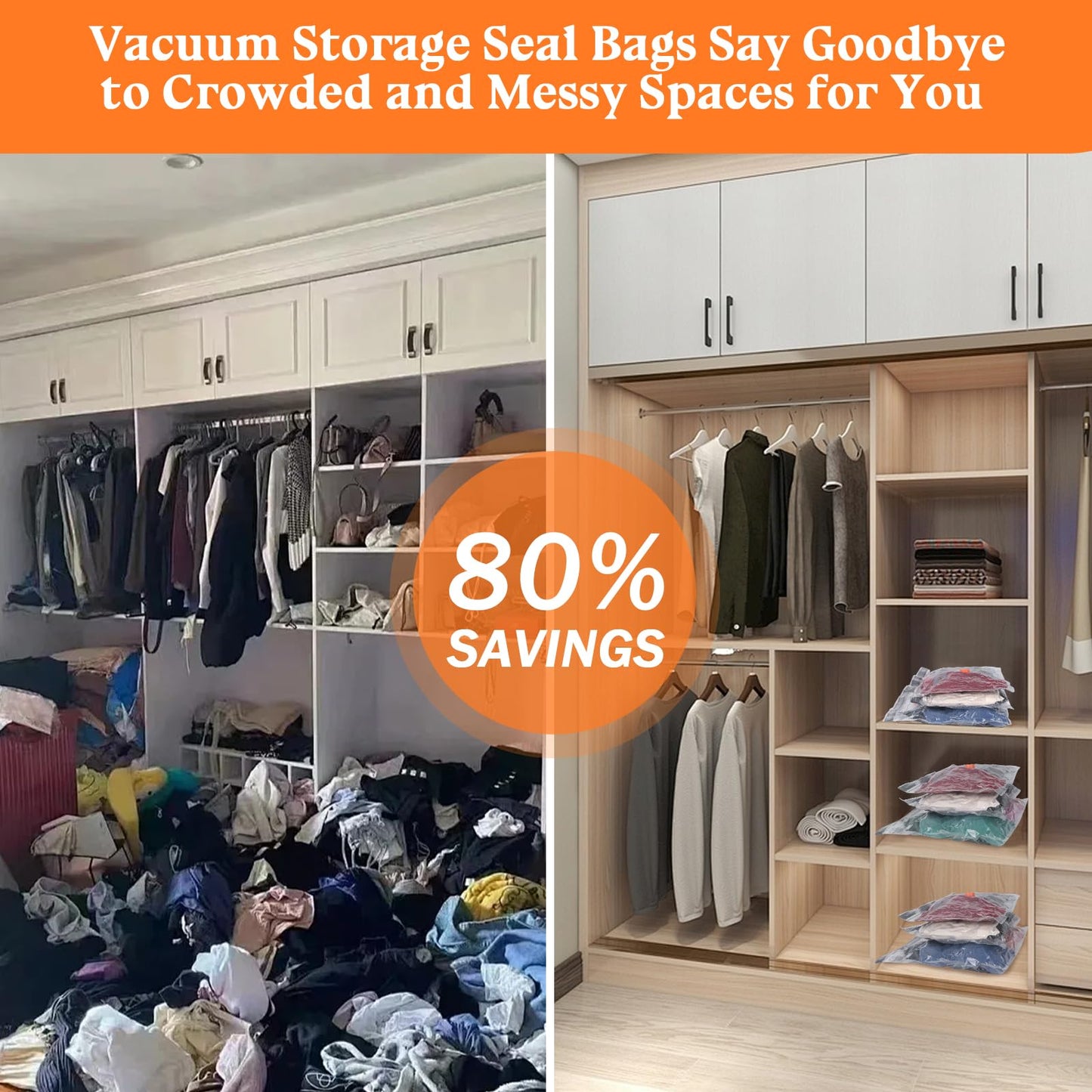 Vacuum Bags for Travel with Rechargeable Air Pump, 12 Pack Compression Packing Bags 80% Space Saver Vacuum Seal Bags for Clothing, Blankets, Comforters, Pillows, Suitcase and Luggage