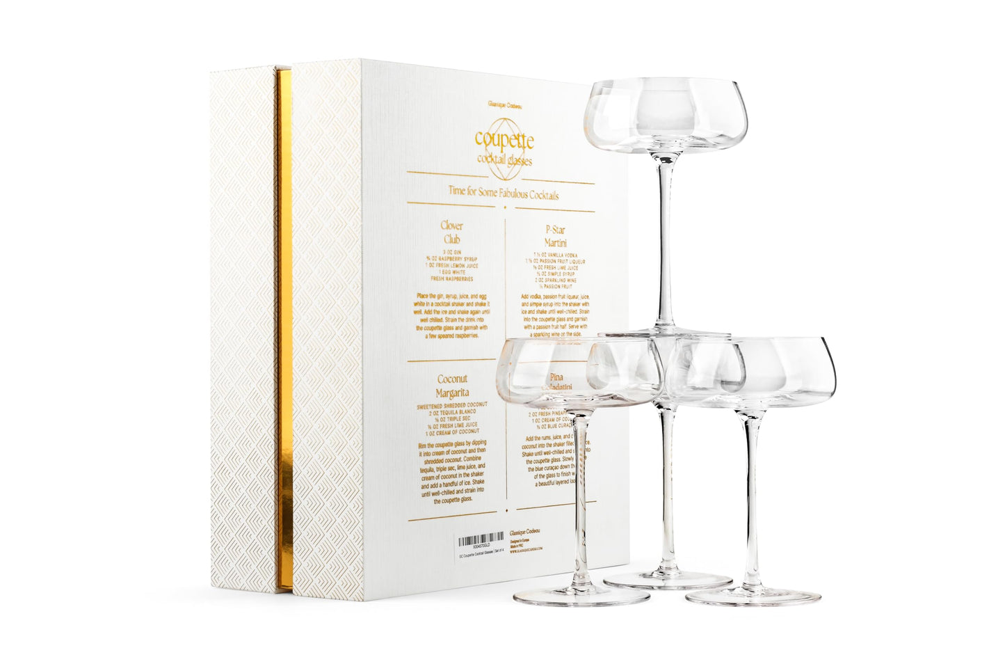 Crystal Cocktail and Champagne Coupette Glasses | Set of 4 | 9 oz Elegant Long Stemmed Coupe Glassware for Espresso Martini, Daiquiri, Cosmopolitan, Gimlet | Fancy Round Saucers