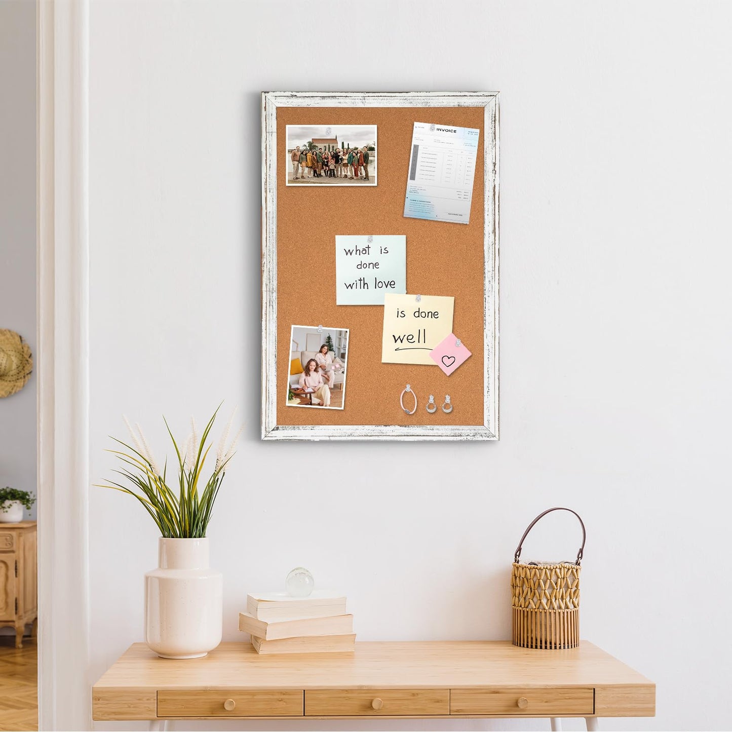 QUEENLINK Cork Bulletin Board, 36" x 24" Corkboard with Natural Wood Frame, Vision Board and Decorative Hanging Pin Board
