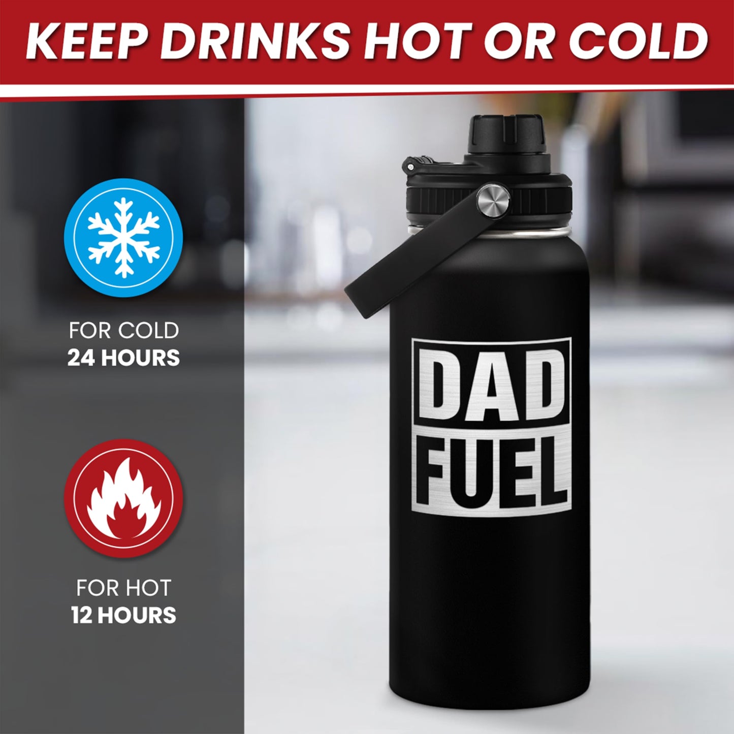 SANDJEST Water Bottle 32oz - Dad Fuel Stainless Steel Insulated Sports Bottle With Lid, Gifts for Father From Daughter Son, Birthday Christmas Fathers Day
