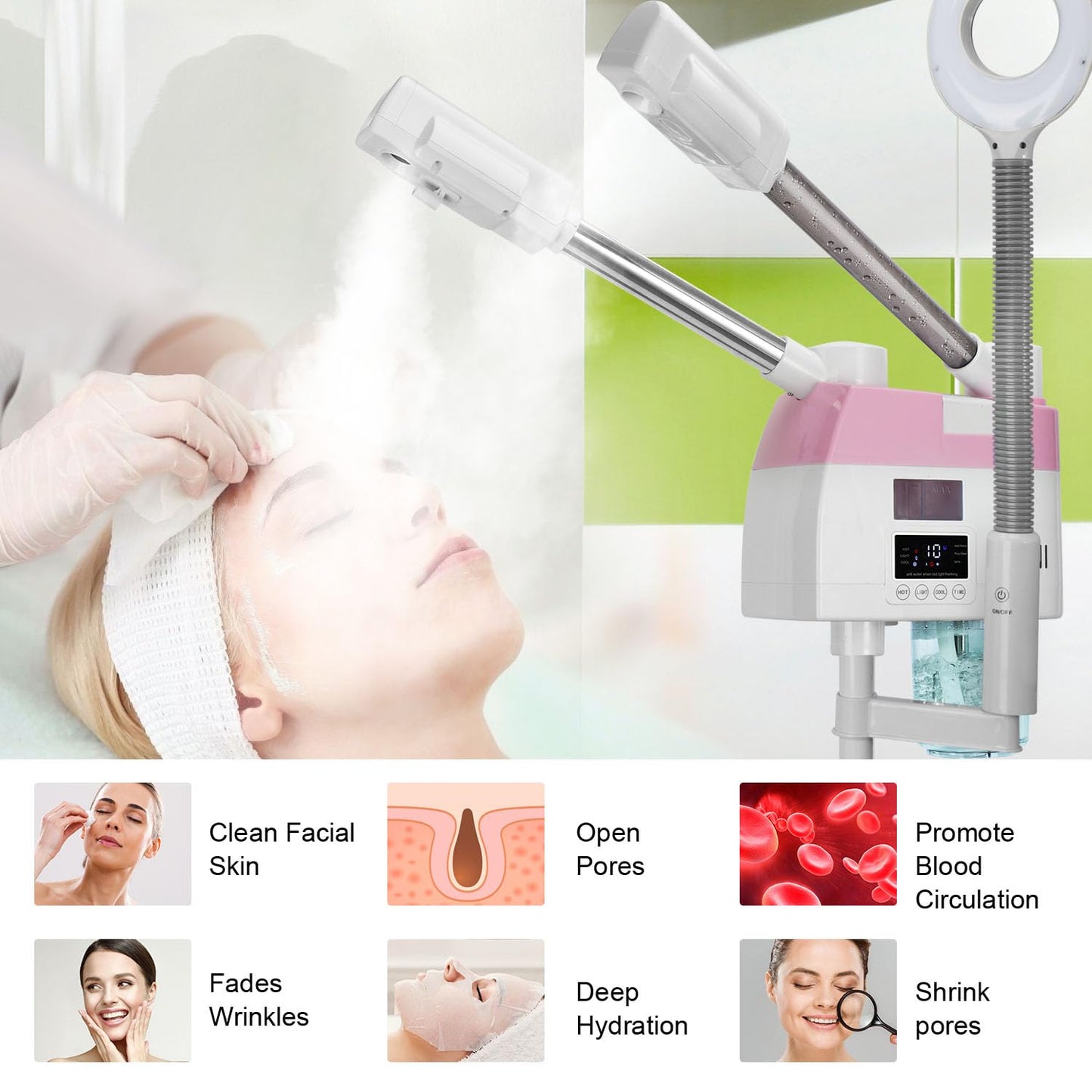 Professional Facial Steamer, 3 in 1 Facial Steamer with 5X Magnifying Lamp Hot&Cool Mist, Esthetician Steamer on Wheels, Stand Face Steamer with Time Setting for Home Salon Spa