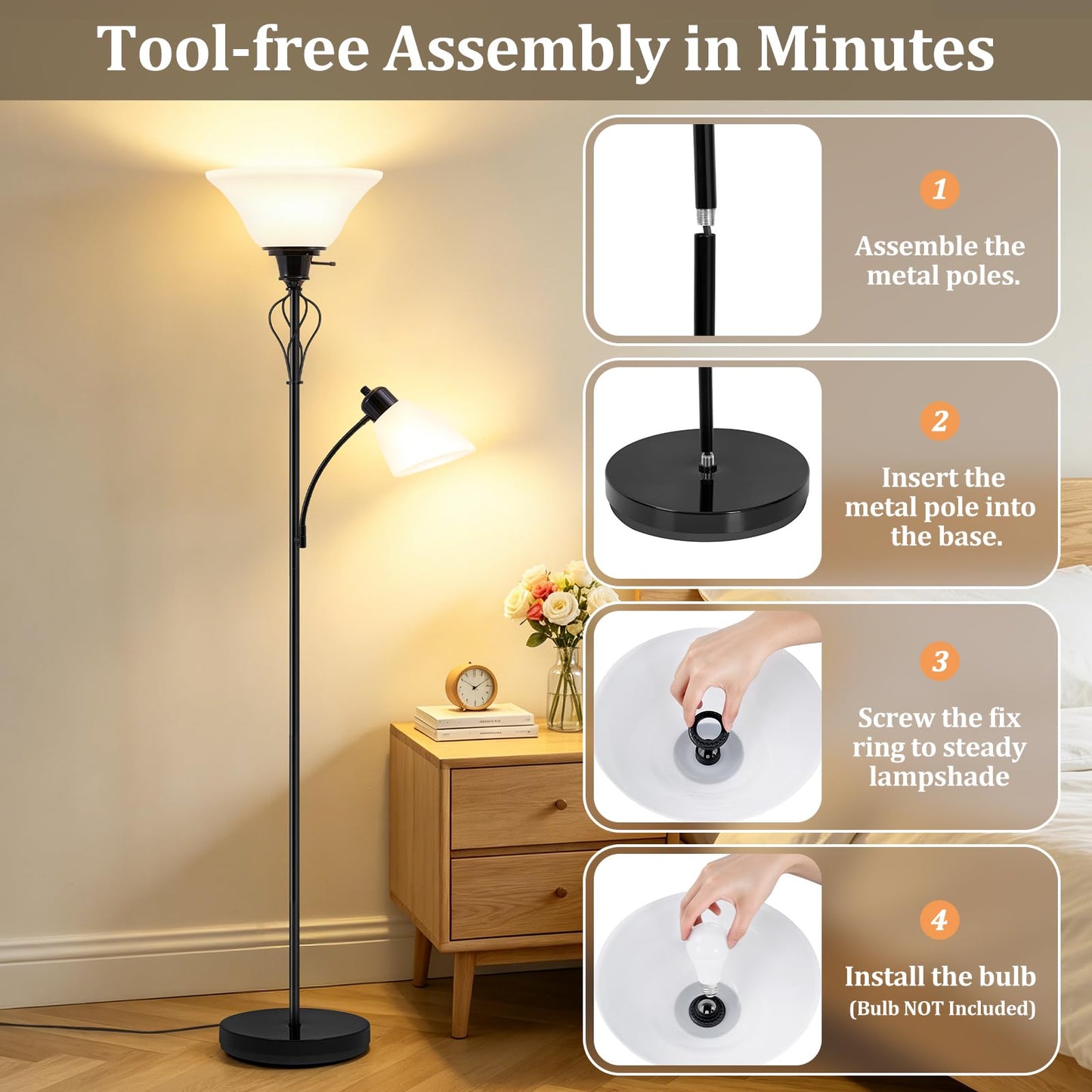 Floor Lamp for Bedroom, 70" Tall 2-in-1 Torchiere Floor Lamp with Adjustable Gooseneck Reading Light, Plastic Shade Lamps Separate On/Off Switch Modern Corner Standing Lamp for Living Room, Office