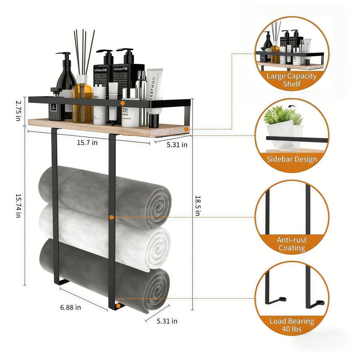 Bathroom Wall Mounted Towel Rack - Metal Towel Holder with Wooden Shelf, Easy to Install, Fits Large Folded Towels, Towel Storage Organizer for Small Bathroom & RV Camping Decor