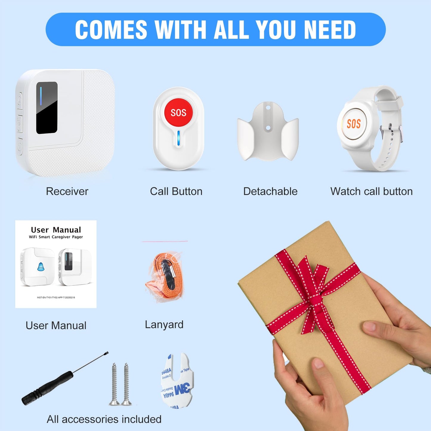 DAYTECH Wireless Caregiver Pager Emergency Button for Seniors WiFi Smart Caregiver Call Button Panic Alert System for Elderly, 1 Receiver 2 Transmitters(Only Supports 2.4GHz Wi-Fi)