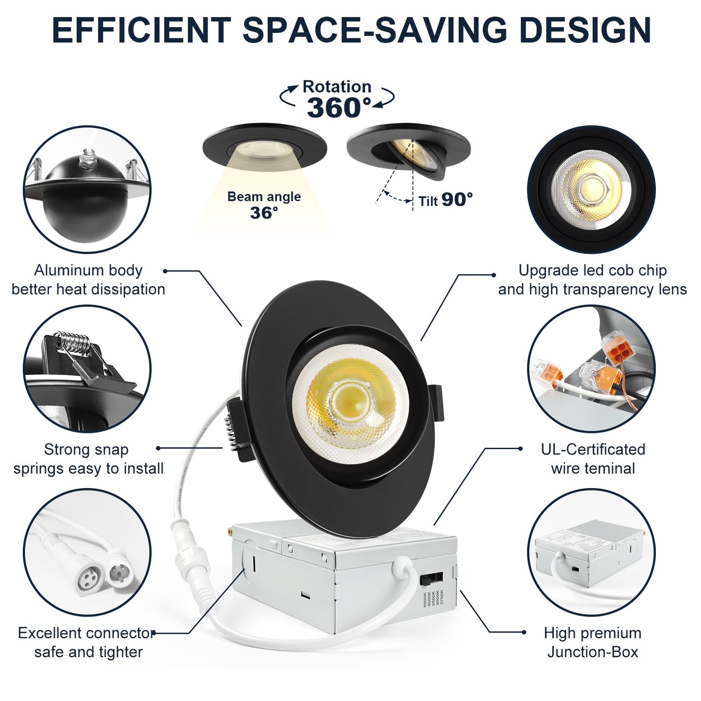 4 Pack Black LULIT 4-inch 5 CCT Gimbal LED Recessed/Downlight Color Selectable 2700K/3000K/3500K/4000K/5000K 800Lm 9W 120V Dimness Adjustable LED Lights