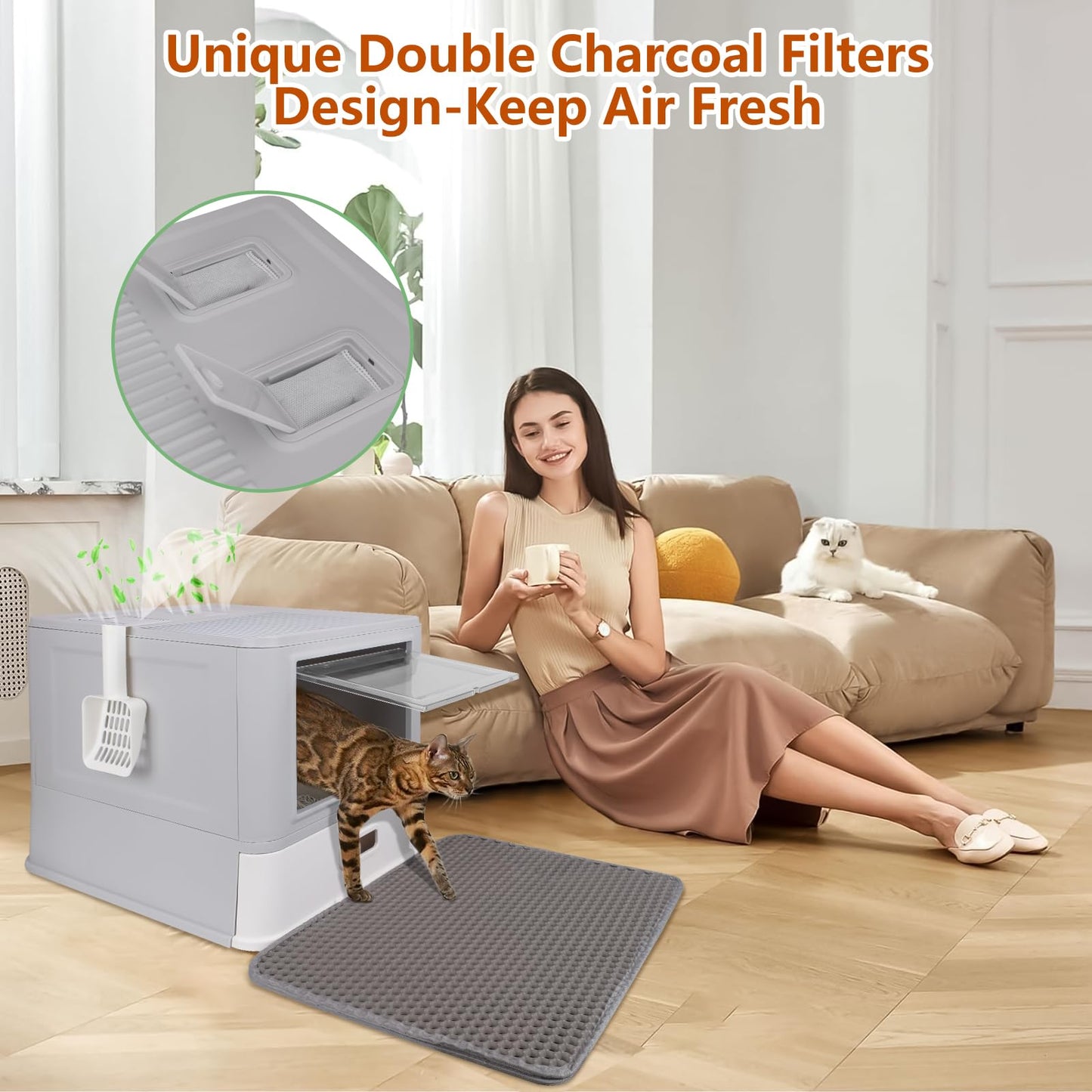GOYJOY Enclosed Stainless Steel Cat Litter Boxes,Large Foldable Litter Box with Lid,Hooded Covered Stainless Steel Cat Litter Box,Easy Cleaning,No Urine Leakage,Deeper Pan,with Litter Mat