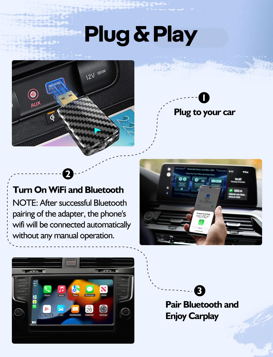 2025 Wireless CarPlay Adapter for iPhone, Mini Android Auto Adapter Converts Factory Wired to Wireless, Plug & Play, No Delay, Stable Connection Car Play Dongle for iOS 10+ / Android 11+