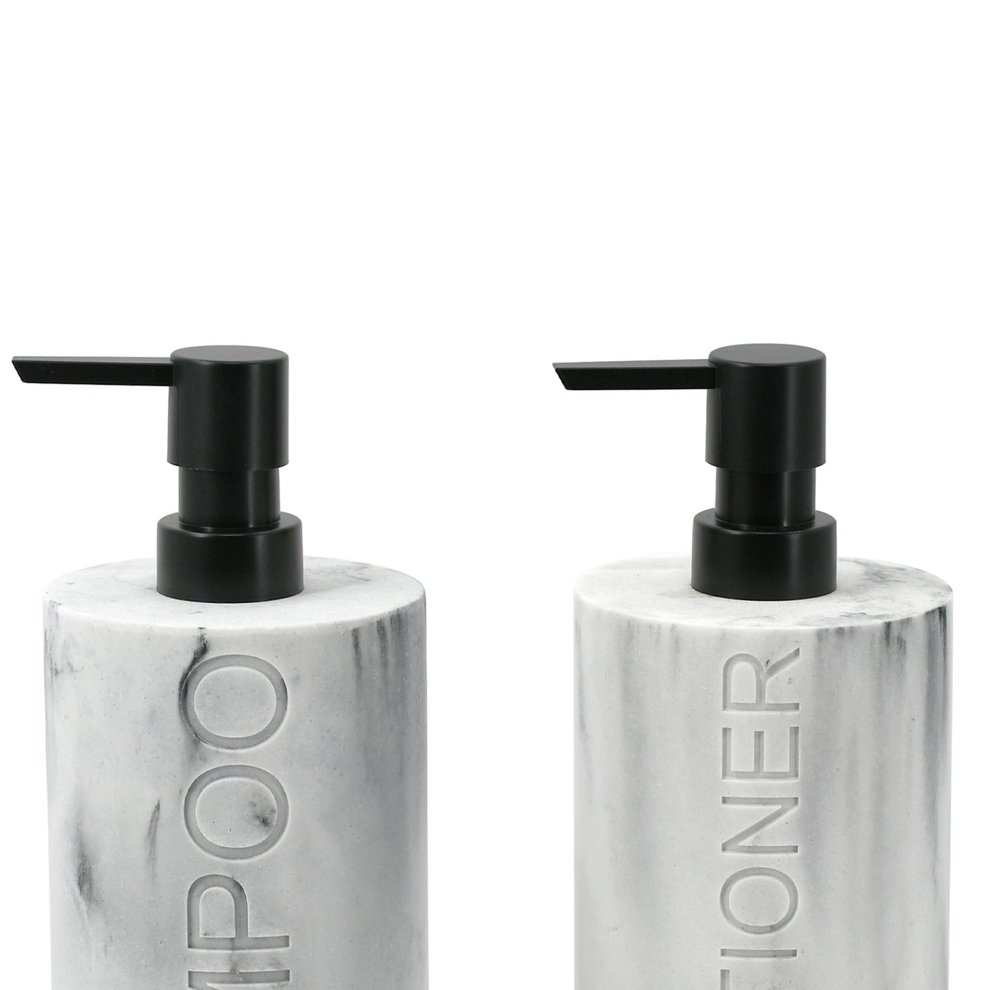 Indecor Home Marble Resin 2 Piece Shampoo and Conditioner Dispenser Set, Luxurious Refillable Pump Bottles with Matte Pump Top and Embossed Text, Durable Design for Bathroom and Shower