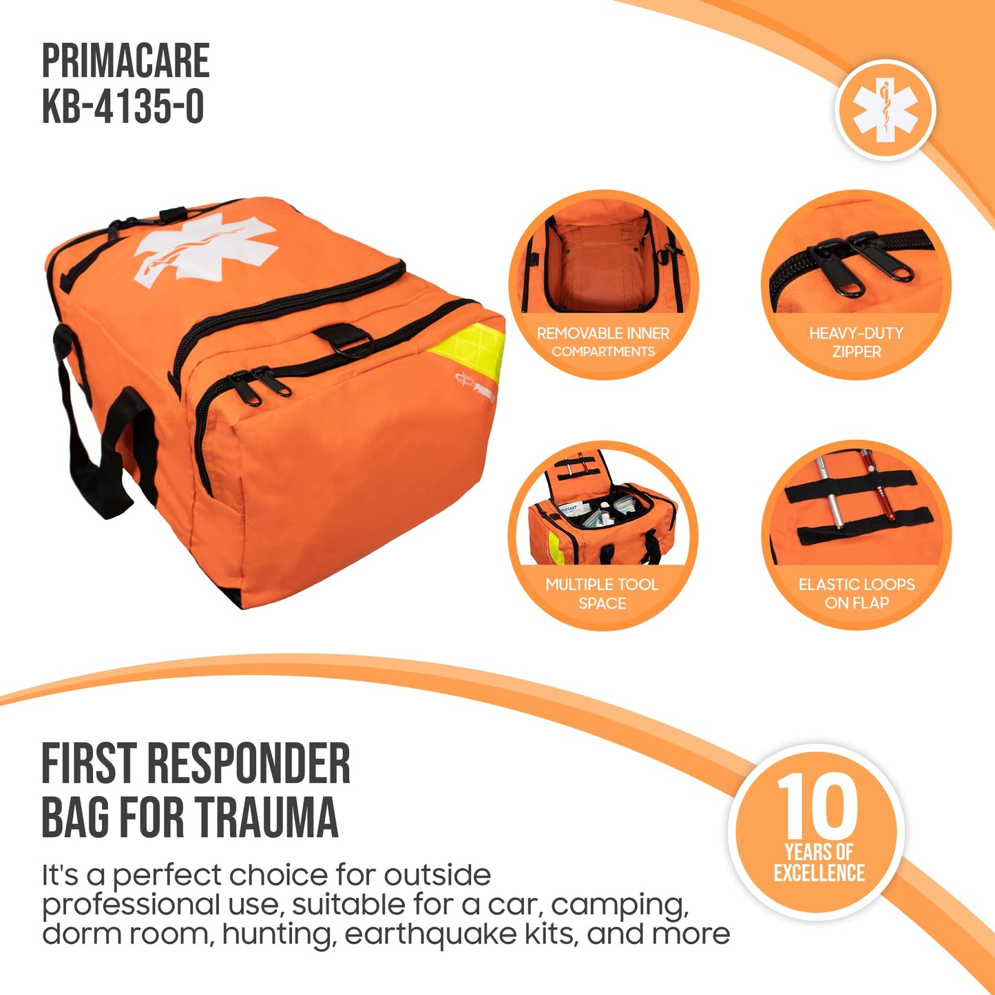 Primacare First Responder Bag for Trauma, Professional Compartment Kit Carrier for Emergency Medical Supplies, Orange, 21x15x5 inches