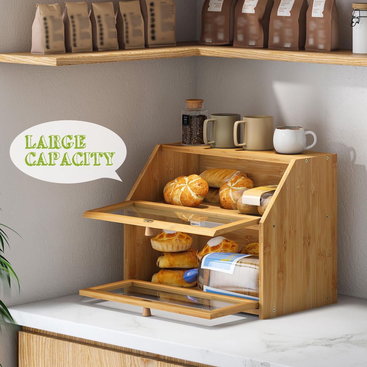 Bread Storage Farmhouse Bread Box For Kitchen Countertop Bread Container With Clear Window Breadbox Double Layer Bamboo Wooden Extra Large Capacity Bin Kitchen Food Storage Container (Trapezoid Bread Box)