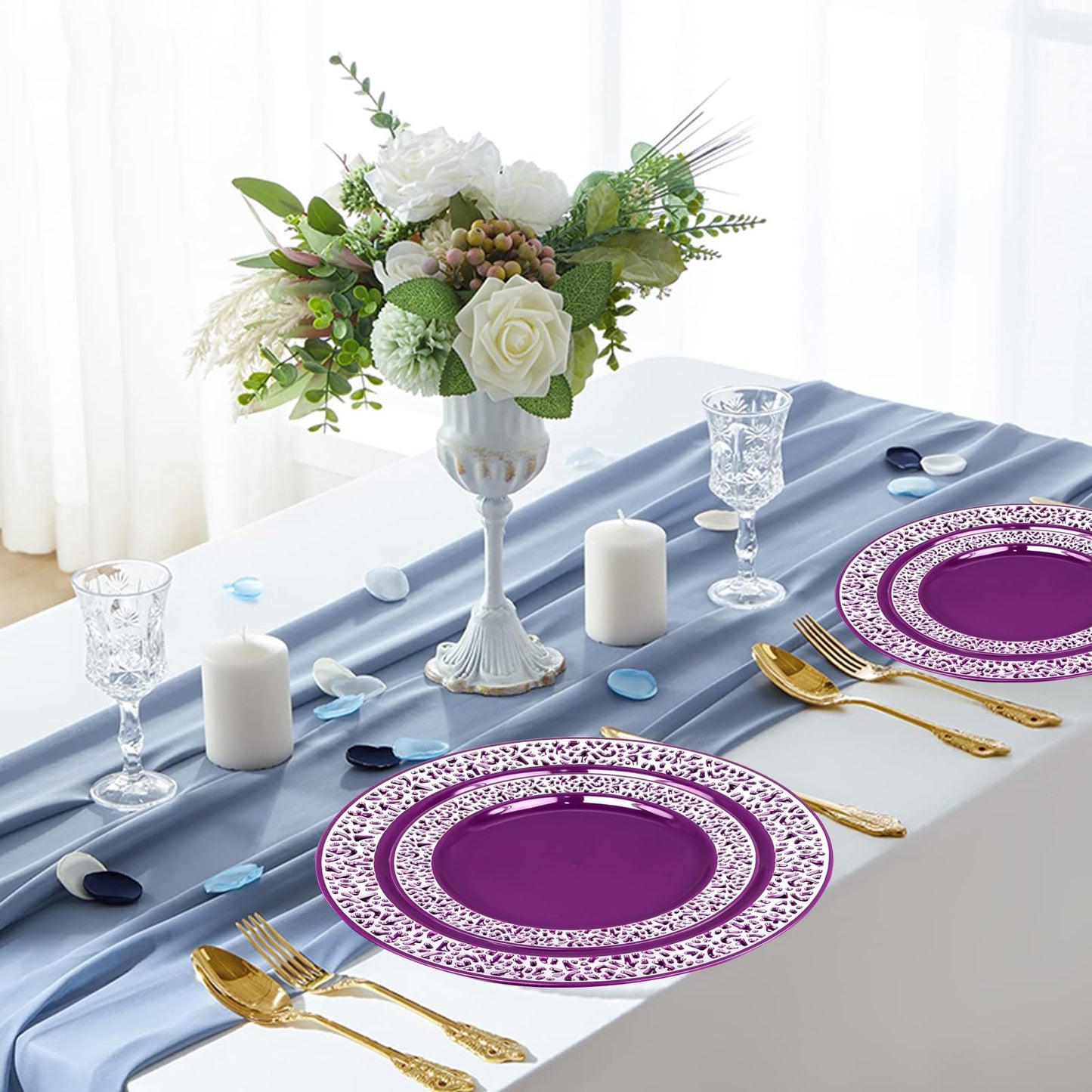 100Pcs Purple Silver Plastic Plates, Disposable Party Plates with Silver Lace, Heavy Duty Fancy Wedding Party Supplies Include 50 Dinner Plates 10.25" and 50 Dessert Appetizer Plates 7.5"