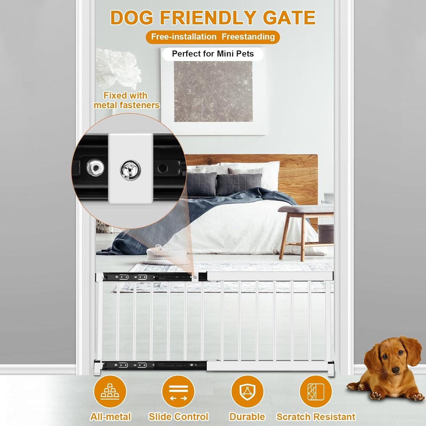 White Metal Dog Gate for Small Dogs - 13.3" Short Freestanding Puppy Gate with Retractable Sliding Rail, No Installation, Indoor/Outdoor Use, Foldable & Portable Pet Barrier