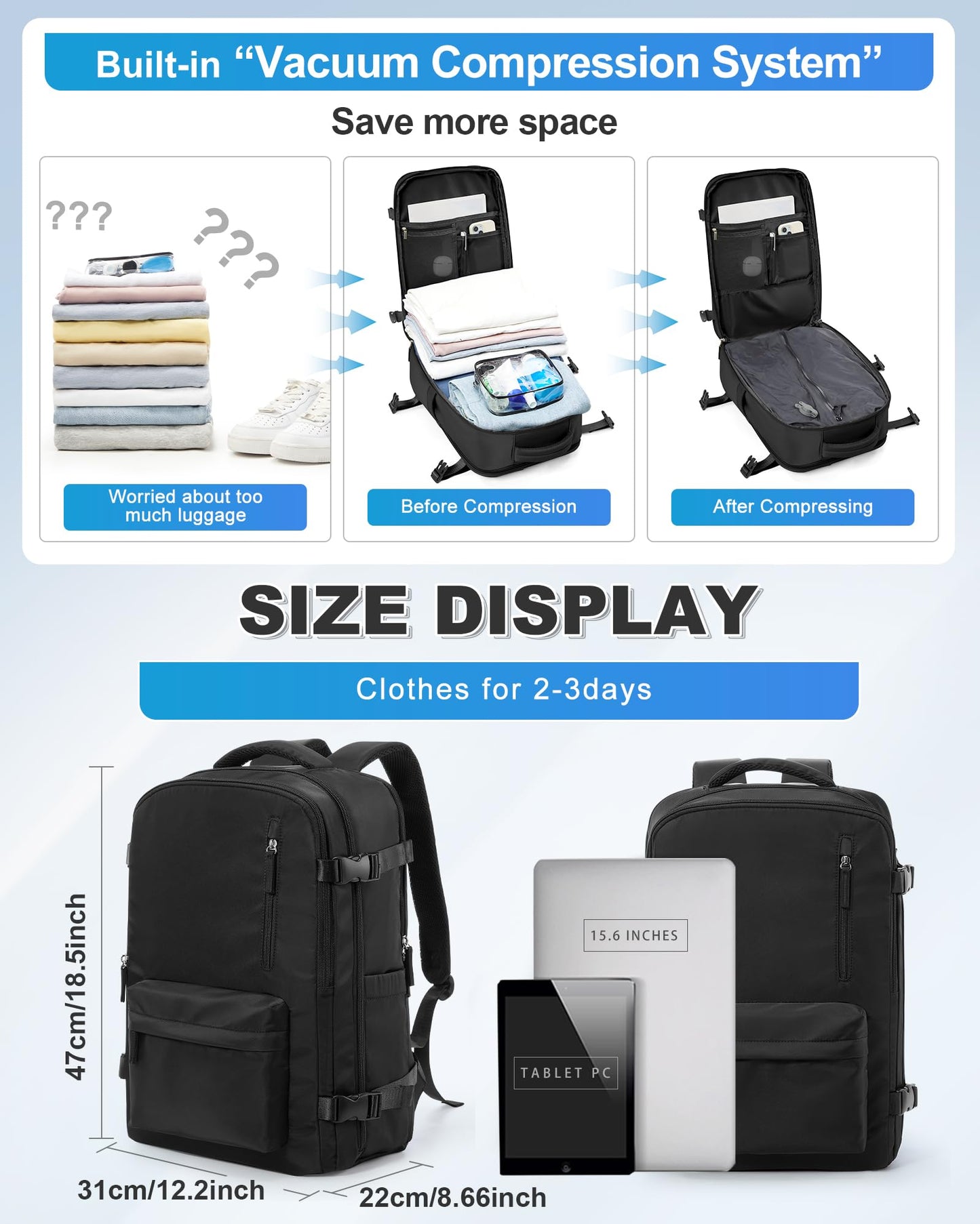 VGCUB Vacuum Backpack Travel with Pump Compression Travel Backpack with Vacuum System Weekender Personal Item Bags for Women Men Carry on Luggage for Airplanes Waterproof Black