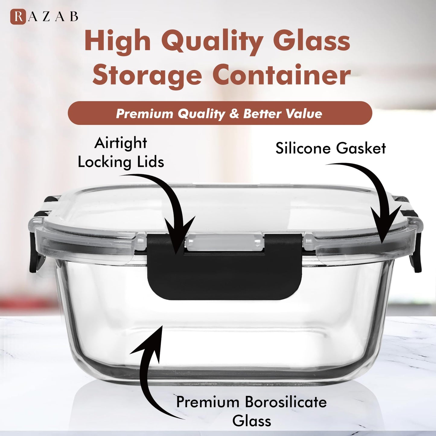 Razab 2 Pack 1200ML / 42 Oz Glass Container Food Storage with Lids - Leakproof, BPA-Free Meal Prep Container Ideal for Roasting Turkey, Store Leftover - Microwave & Oven Safe