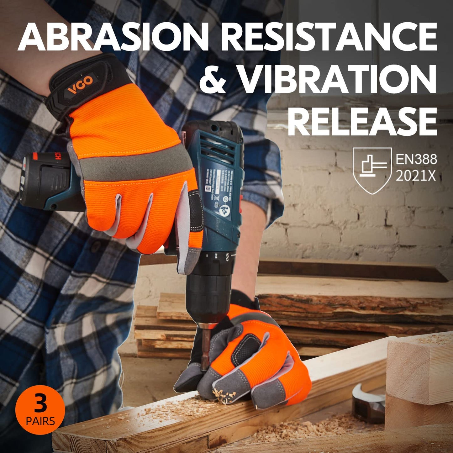 Vgo 3Pairs Safety Work Gloves,Builder Gloves,Gardening Gloves,Light Duty Mechanic Gloves(XL,Black+Fluorescence Green+Orange,SL7584)