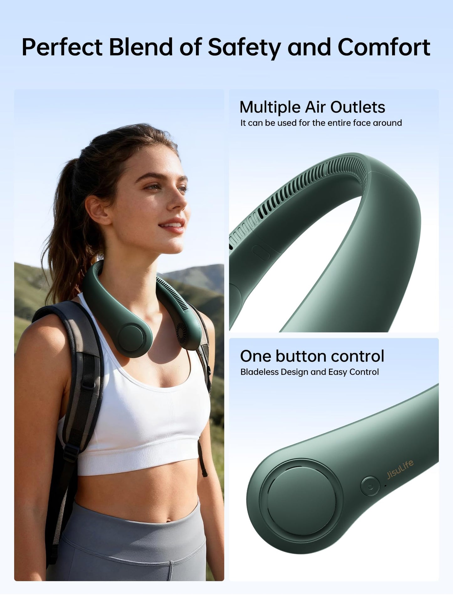 JISULIFE Portable Neck Fan, Hands Free Bladeless Hanging Sport Fan, 4000 mAh Battery Operated Wearable Personal Fan, Leafless, Rechargeable, Headphone Design, USB Powered,5 Speeds-Dark Green