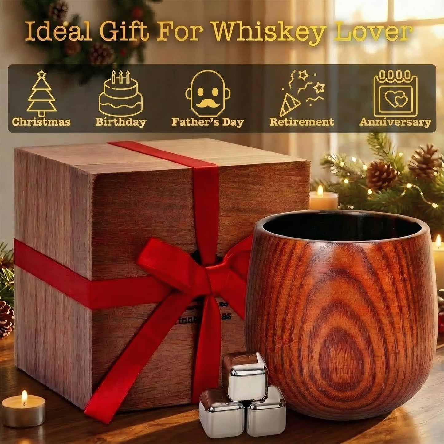 Tinnberlohas Charred Wooden Whiskey Glass Set of 2 – Durable Bourbon Tumbler for Men, Insulated Old Fashioned Glass – Whiskey Gifts for Husband, Dad, Brother – Birthday, Christmas, Father's Day