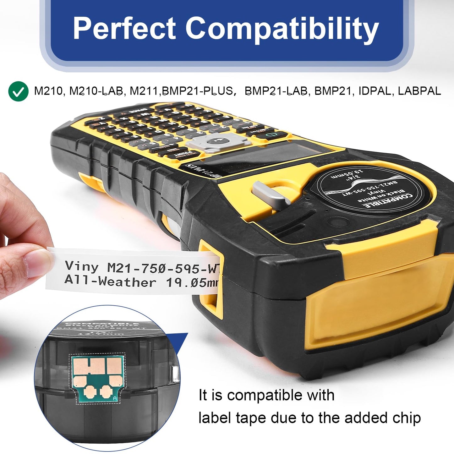 Compatible M21-750-595-WT All-Weather Vinyl Label Tape 3/4 Inch, for M210, M210LAB, M211, BMP21-PLUS, BMP21-LAB, Indoor/Outdoor, Lab and Equipment Labeling, 75" W 21' L, Black on White, 3-Pack