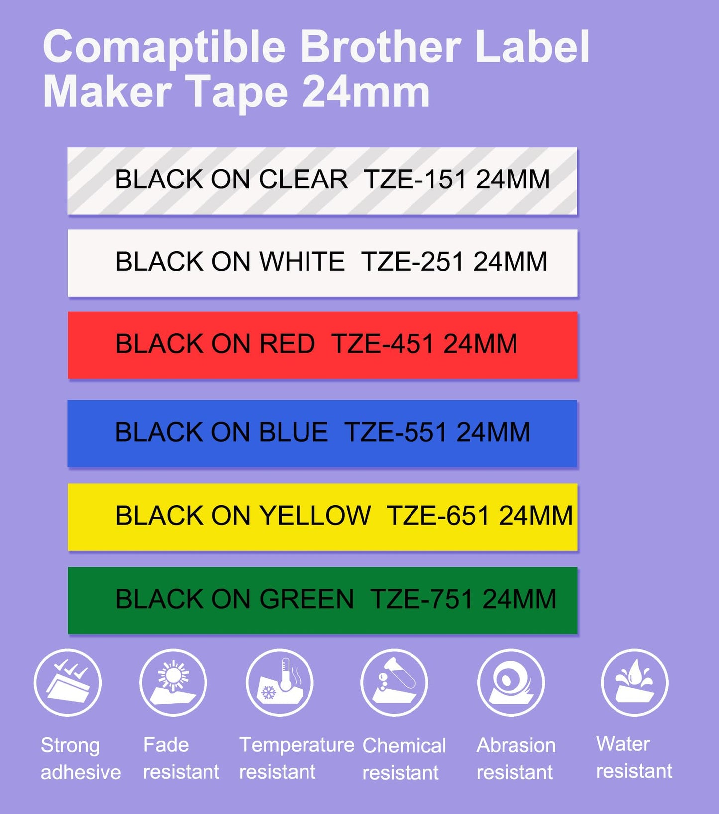6-Pack Tz Tape 24mm 0.94''Laminated Tze-251 Tze-151 Tze451 Tze551 Tze651 Tze751,Compatible Brother P-Touch Label Maker Tape Refill,for Brother Ptouch PTD400 PTD410 PTD600