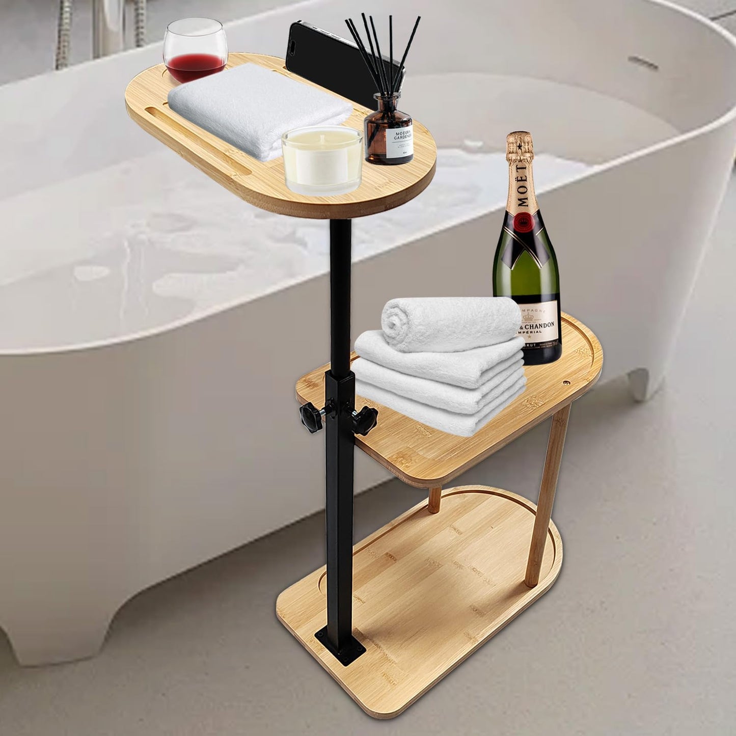 3 Layer Bath Tub Tray Table Liftable Freestanding Bamboo Bath Tray Caddy for Tub Against Wall Shelf Bathroom Organizer Shelf for Luxury Spa, Home Spa Bathtub Accessories