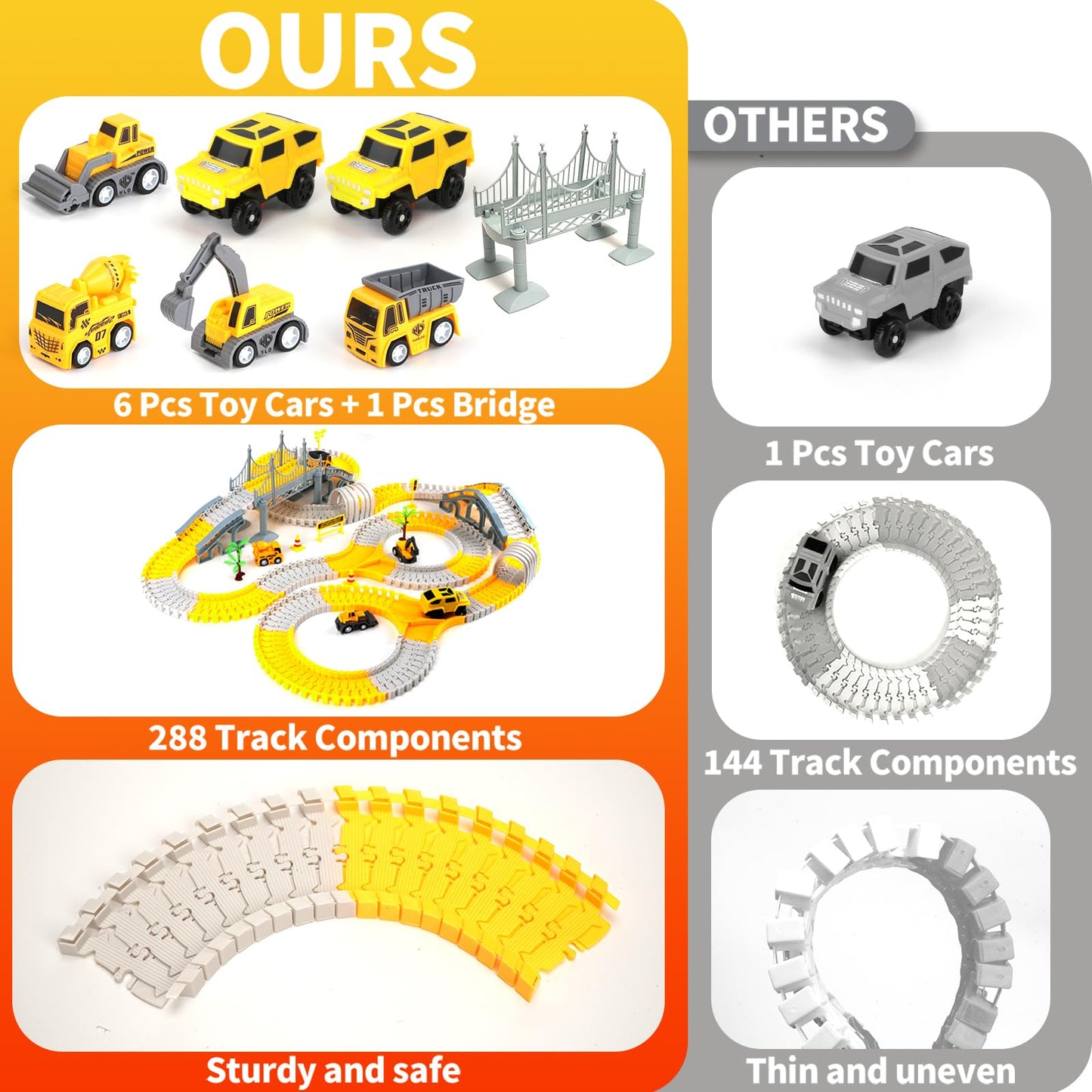 329 pcs Race Track Set for Toddler, Construction Track Car Toys, Flexible Car Tracks with 6 Cars, Presents for Kids 3 4 5 6 Year Old Boys Girls