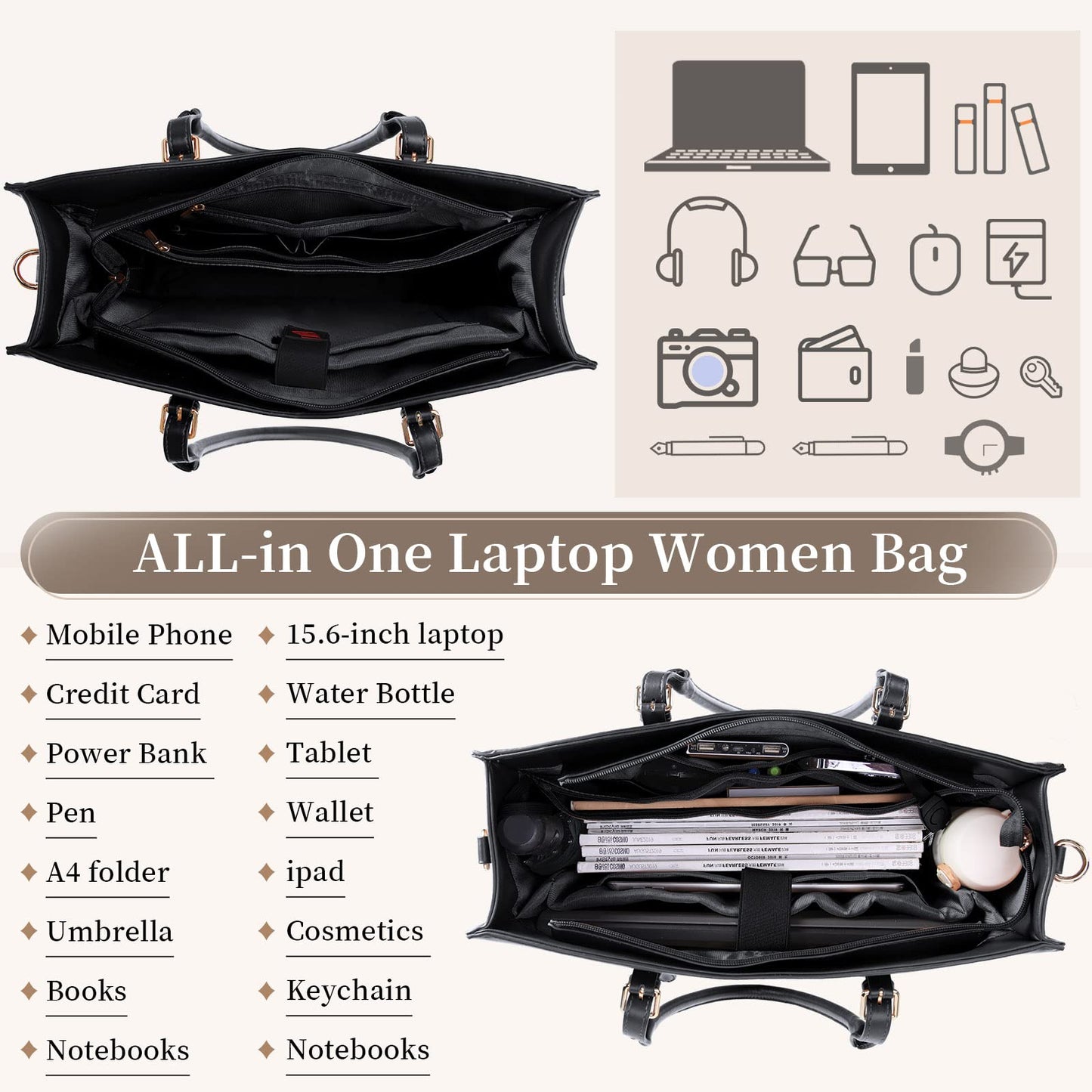 Laptop Bag for Women 15.6 inch Waterproof Leather Bag Work Laptop Computer Bag for Office Travel Handbag Shoulder Bag Black