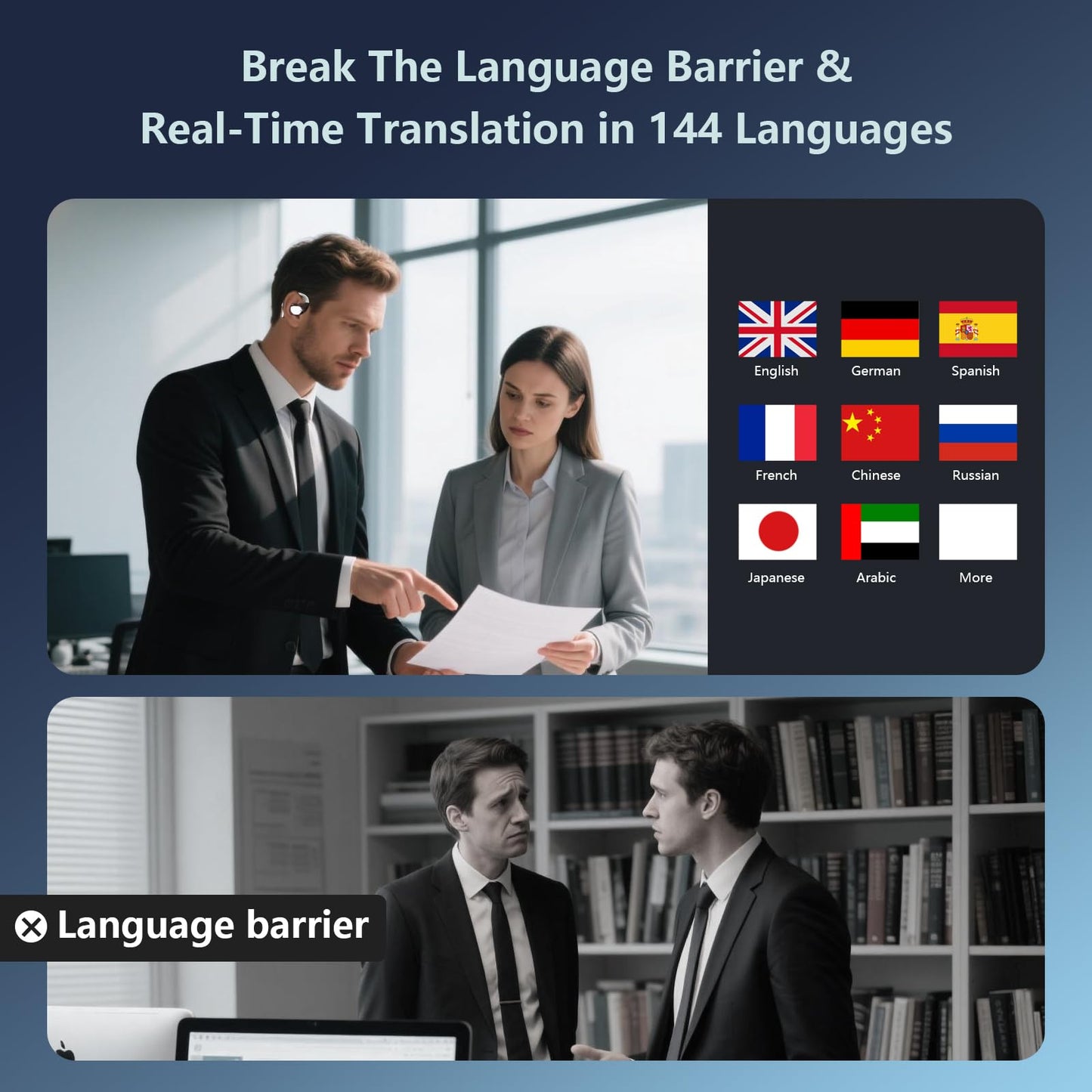 AI Language Translation Earbuds, Real-Time Translator for 164 Foreign Languages & Accents Includes Free Subscription Translation Device Earphones for Travel Business Learning, White