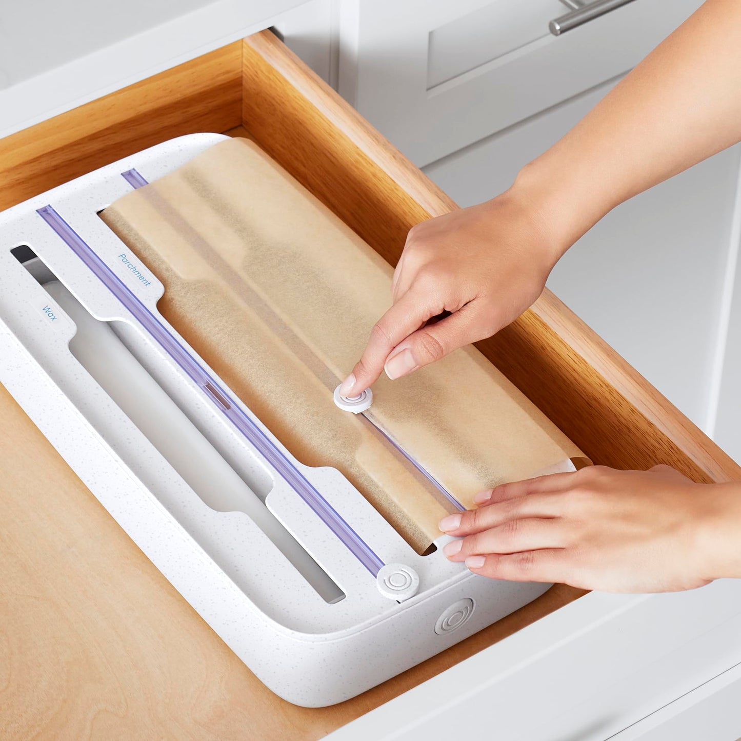 YouCopia StoraRoll Wrap Dispenser 3-in-1, Drawer Organizer for Foil, Plastic Wrap, Parchment and Wax Paper with Safety Cutters and Labels for Kitchen Organization