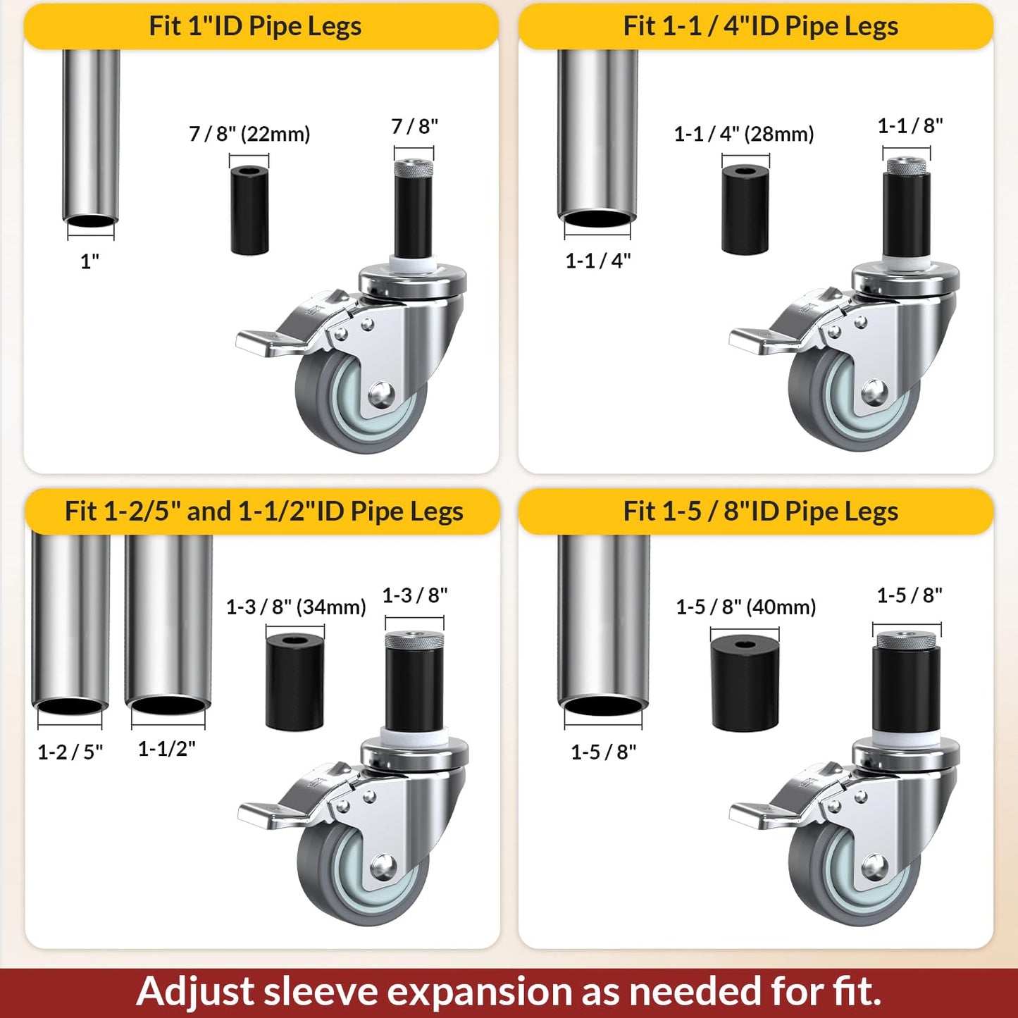 HOLKIE Caster Wheels Locking 3 Inch Expanding Stem Casters, Threaded Swivel Casters Set of 4 Heavy Duty Castors, Fit 1", 1-1/4", 1-2/5", 1-1/2",1-5/8" ID Stainless Steel Table, Cart, Furniture Legs